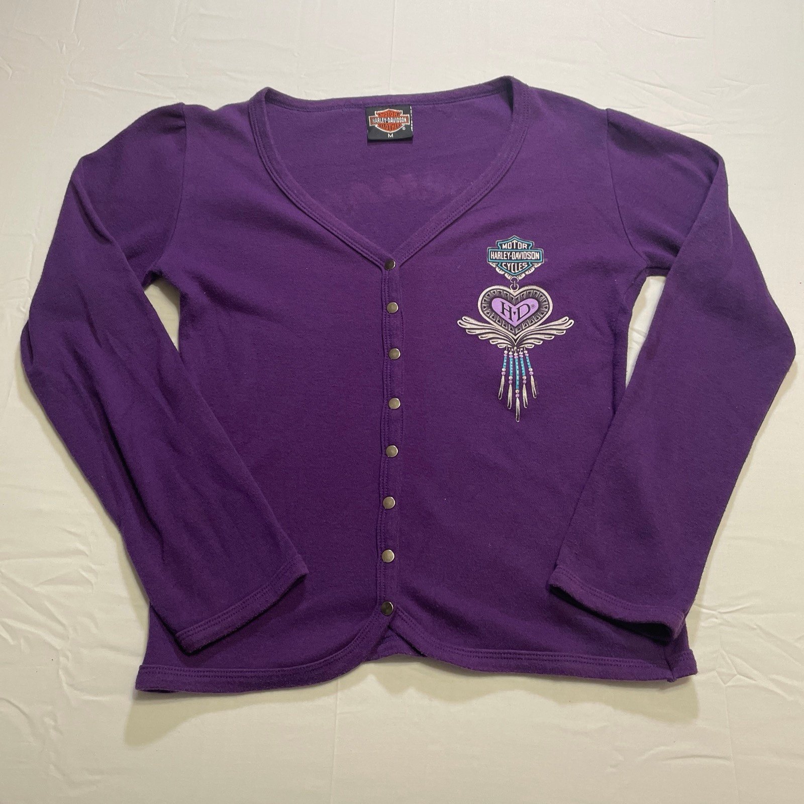 HARLEY DAVIDSON WOMENS SIZE M V-NECK SNAP DOWN LS Top VINTAGE 1980S PURPLE.