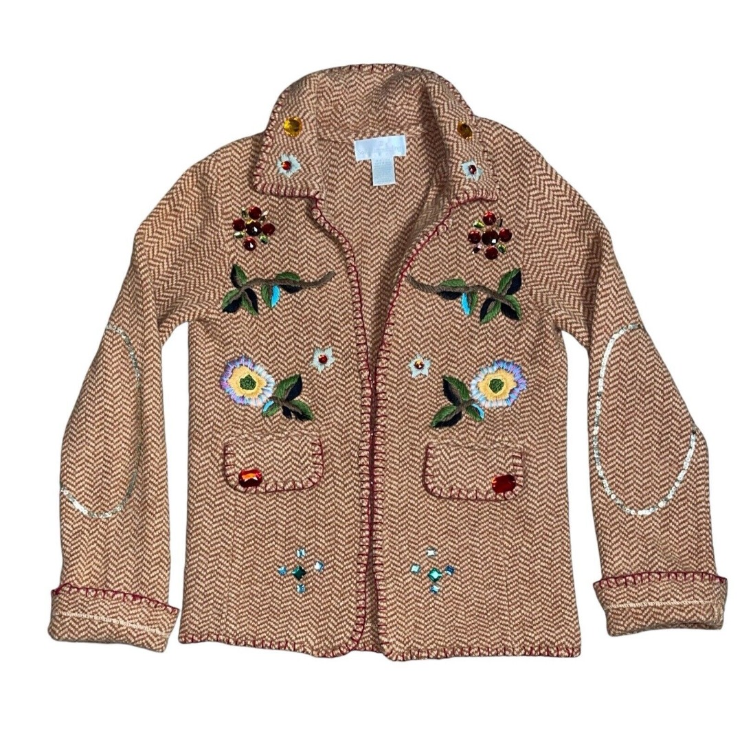 Soft Surroundings Sweater Womens XS Lambs Wool Angora Floral Embroidered Jacket