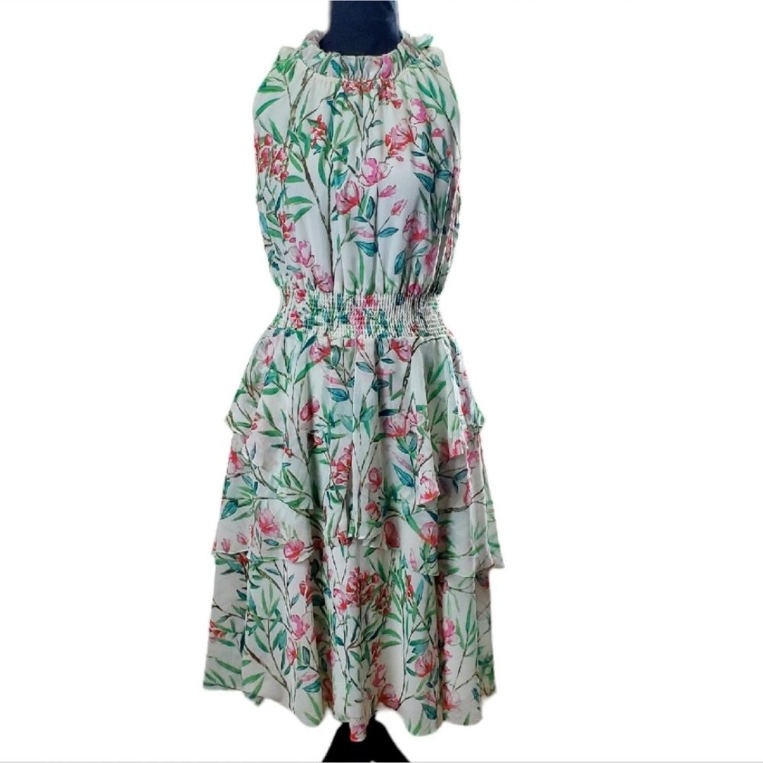 ELIZA J Floral Print Chiffon Halter Neck Sleeveless Smocked Waist Tiered Dress