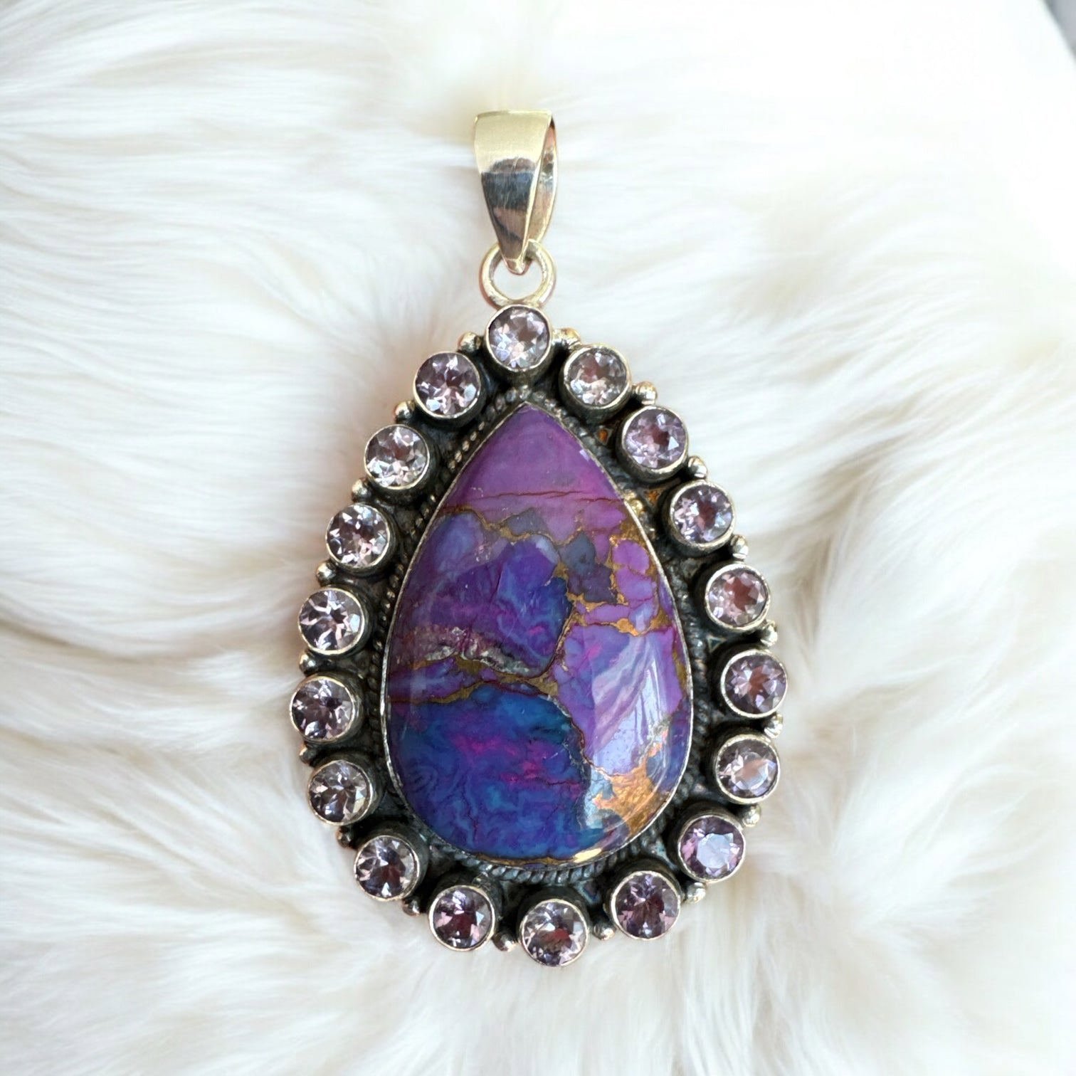 Purple Turquoise & Amethyst Solid 925 Sterling Silver Pendant