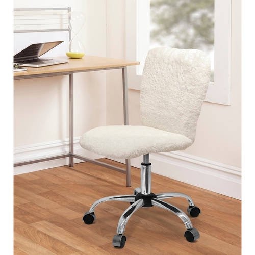 Polyester Faux Fur Armless Swivel Task Office Chair, White, Adjustable Height