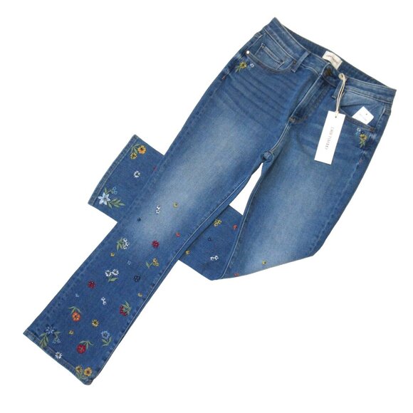 NWT DRIFTWOOD Roxy in Blue Embroidered Floral Studded Ankle Flare Crop Jeans 26