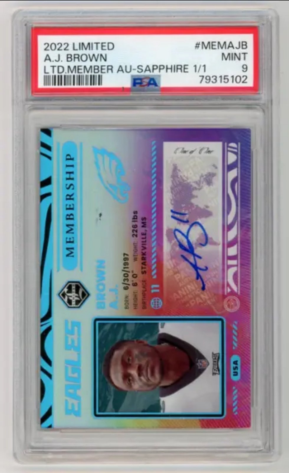 A.J. Brown ~ 2022 Panini Limited Membership Auto 1/1 #MEM-AJB ~ PSA 9 Mint
