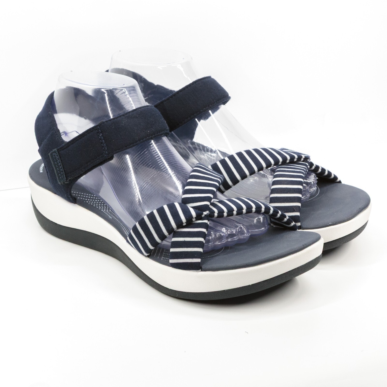 CLARKS Cloudsteppers Aria Gracie Strappy Sport Sandals Navy Stripe Womens Sz 10