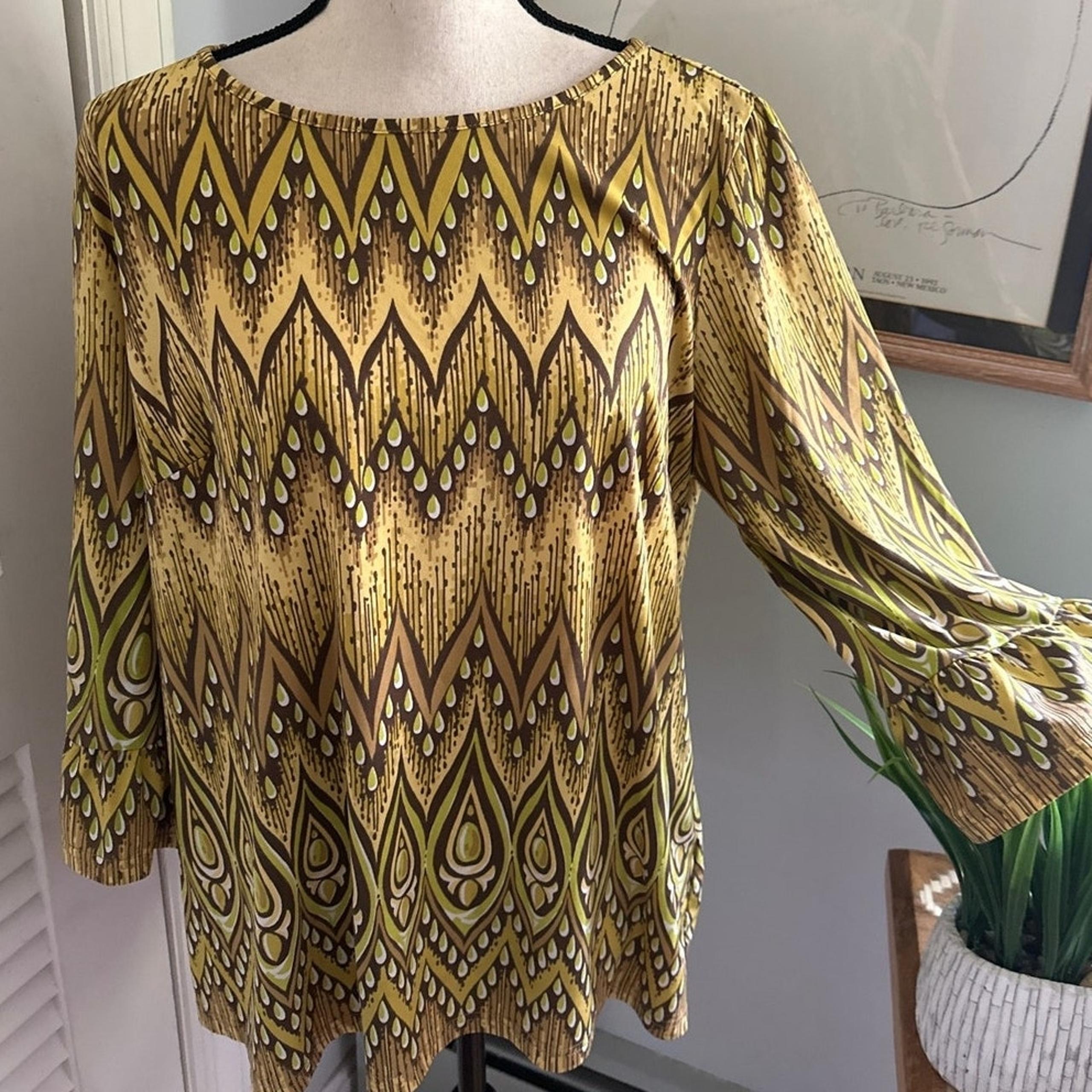 BOB MACKIE Womens Tunic Gold Abstract Slinky Knit 3/4 Sleeve Artsy Bohemian | L