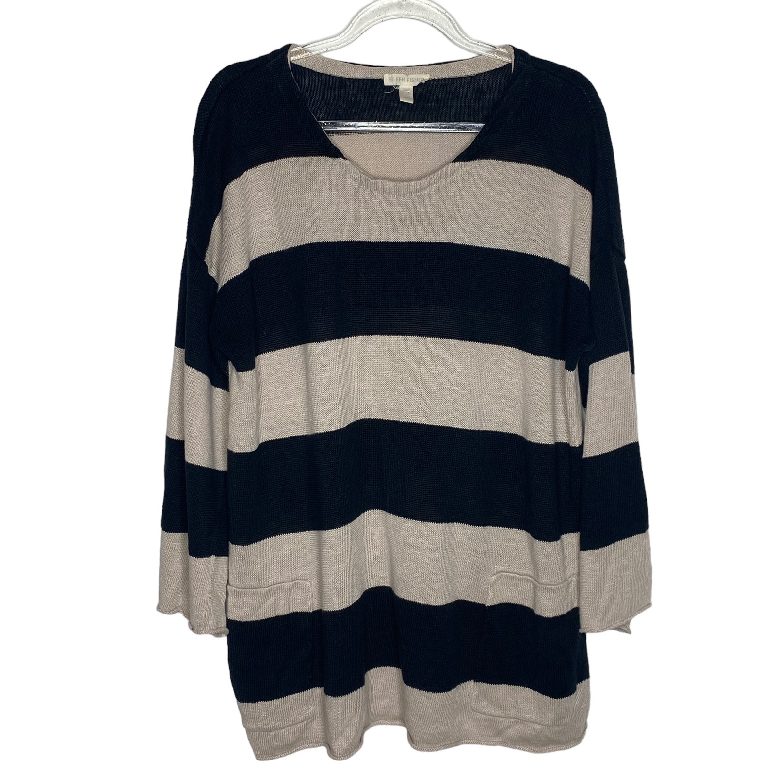 Eileen Fisher Womens Size Medium Striped Organic Linen Sweater Black Cream