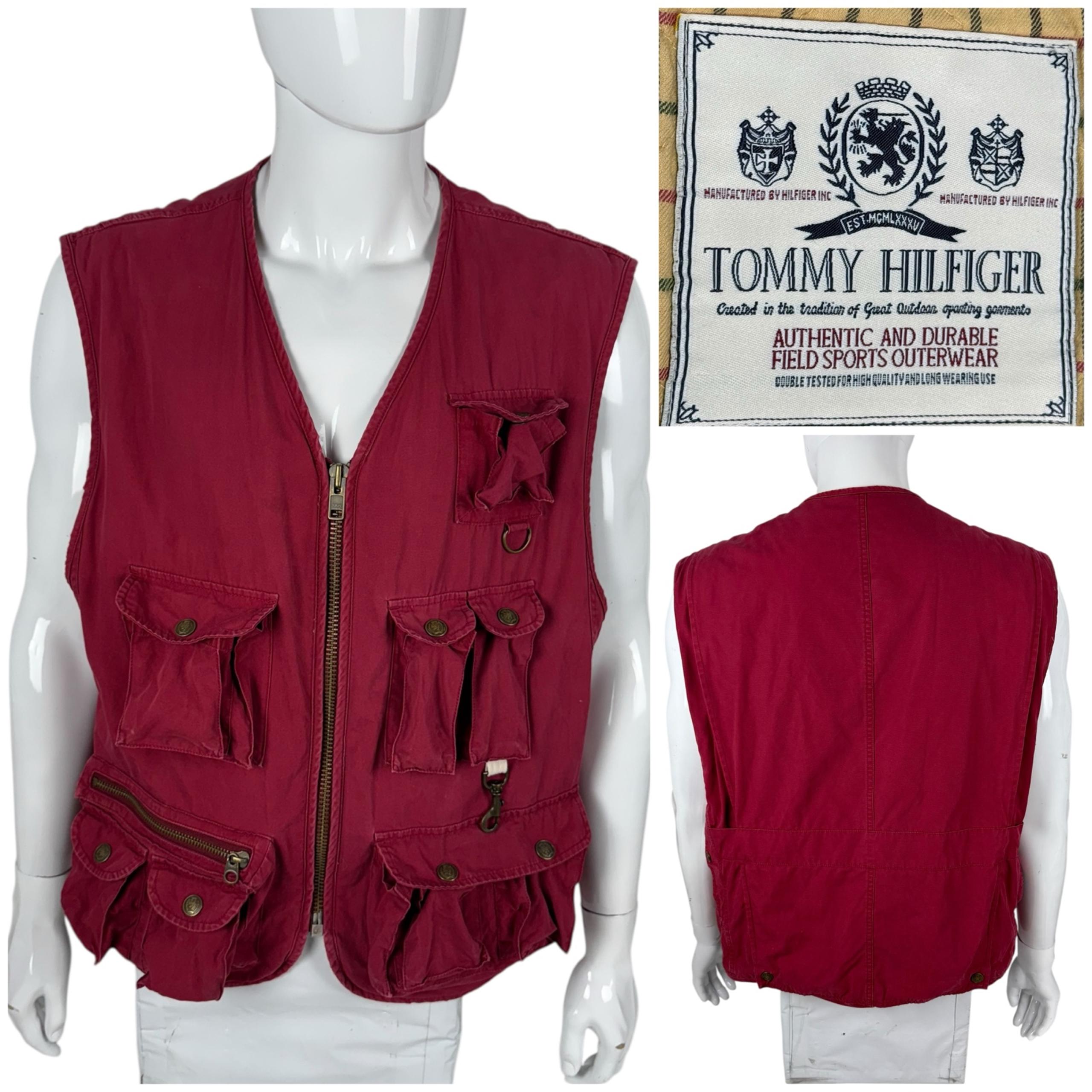 Tommy Hilfiger Utility Fishing Vest Mens XL Red Cargo Cotton Quilted Vintage
