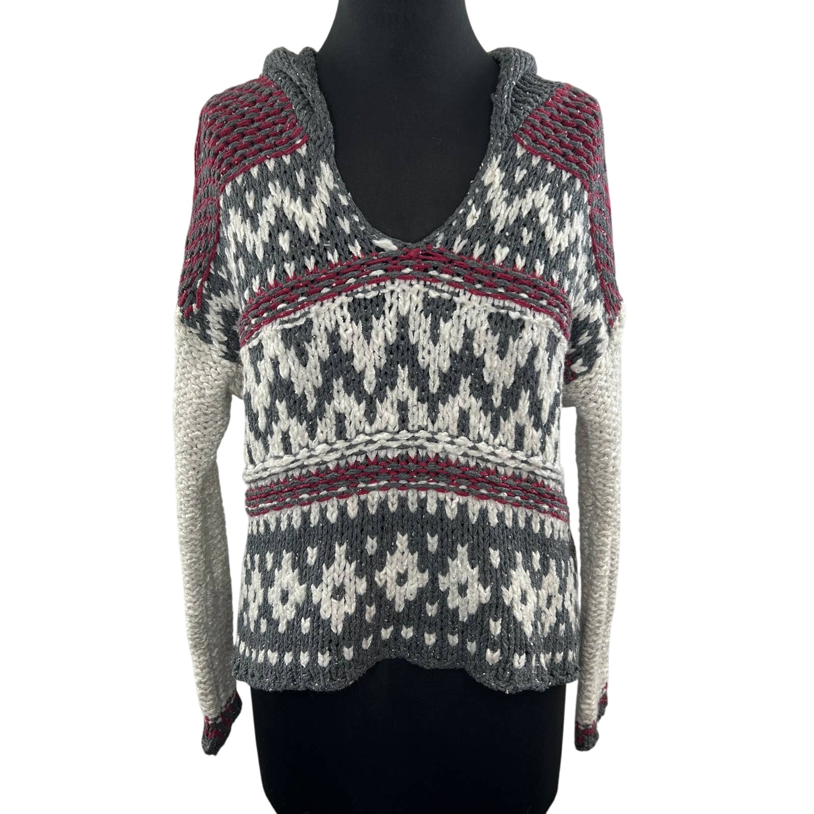 Free People White Gray Red Fair Isle Print V-Neck Knit Hooded Sweater M Medium