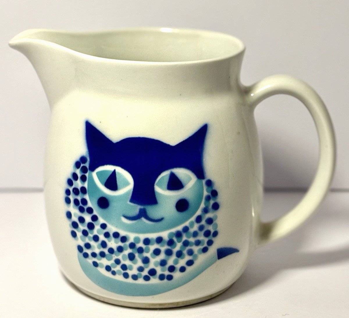 Arabia Finland Kissa Ceramic Pitcher, Royal Blue & Aqua Cat Kaj Franck 6 1/2