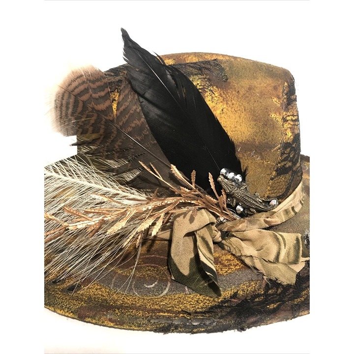 Tazzle’s 1of1 Women’s Custom Fedora Hat-Yellow Felt, Black Lace, Alligator Charm