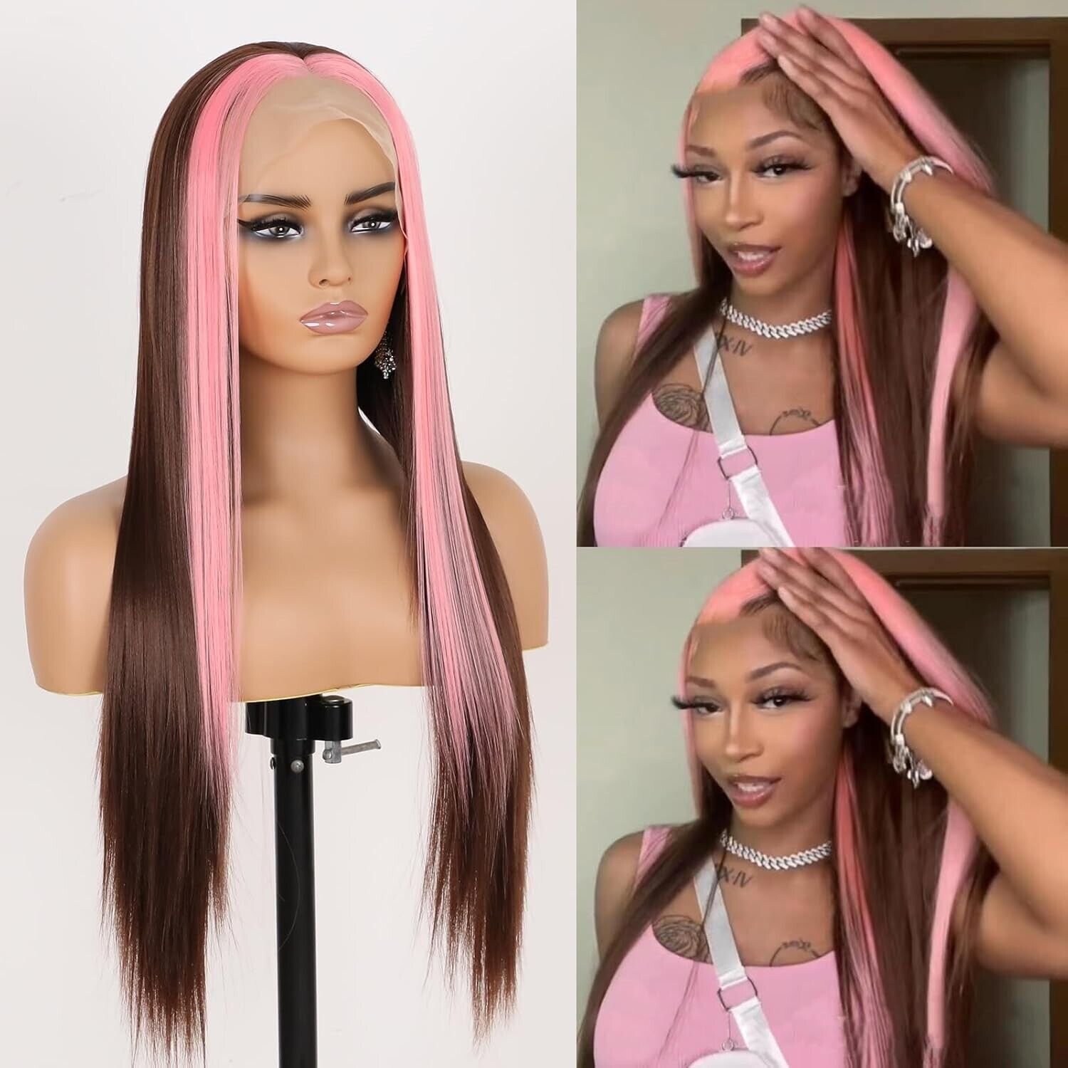 Ombre Pink Long Straight 13x4 Synthetic Lace Front Wig Pre Plucked 22