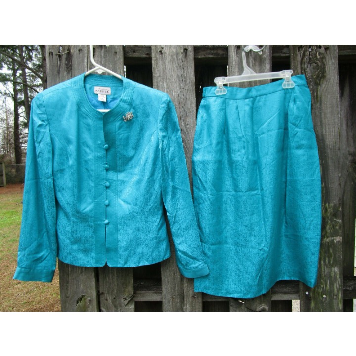 Adrianna Papell Womens Skirt Suit Set 8 100% Silk Turquoise Career
