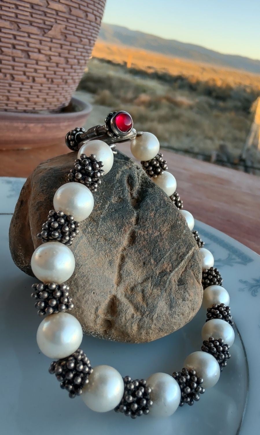 Sterling, Garnet and Pearl Toggle Bracelet Vintage