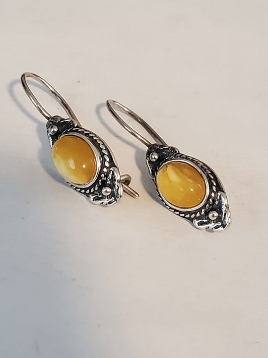 Estate vintage 925 sterling silver yellow adventurine dangle drop earrings