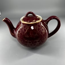 Hall USA Vintage China Ceramic Burgundy & Gold Dogwood Flower 6 Cup Teapot #053
