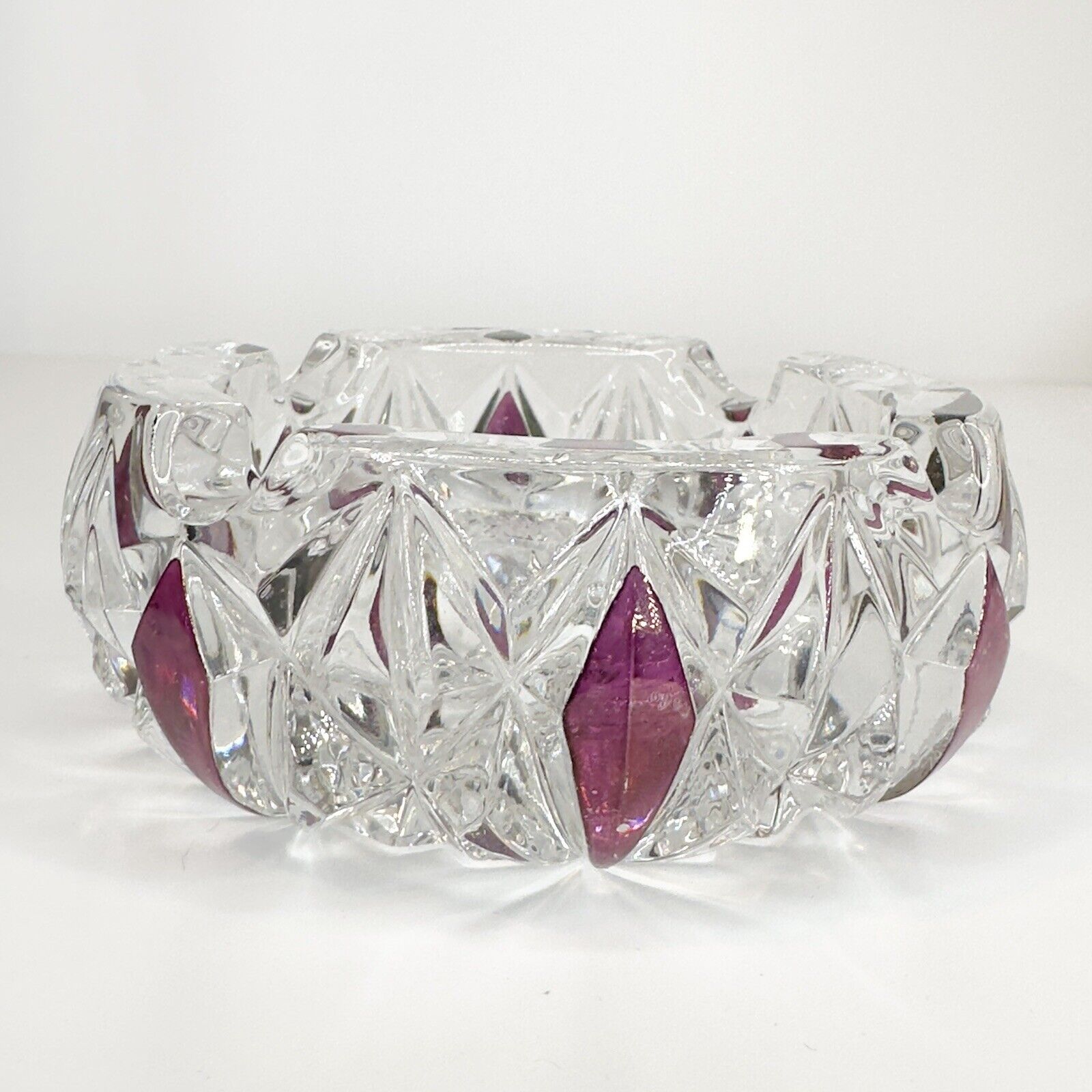 Vintage Crystal Clear and Purple Diamond Pattern Cut Glass Ashtray 4.75” x 2”