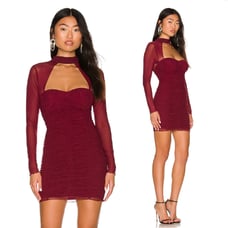 Lovers + Friends Nouvelle Mini Dress Merlot Burgundy Ruched Mesh Sz M