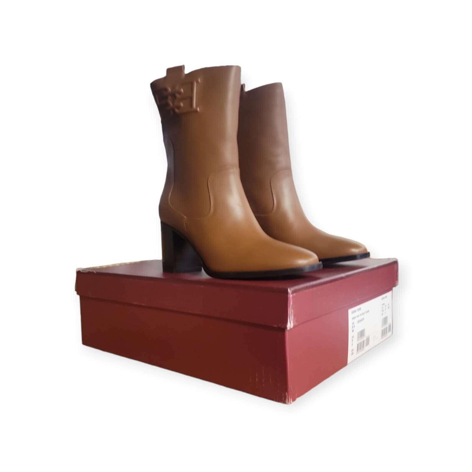 Bally Womens Doris Boots Tan Leather Stamp Logo Mid Calf Block Pull On 8.5 M New