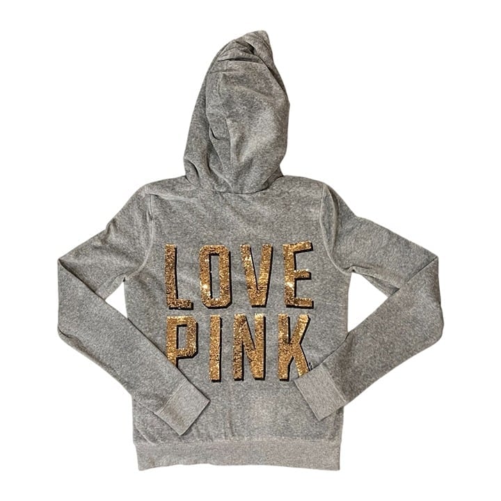 Victoria's Secret Pink Faux Fur Blinged out Full Zip Hoodie, rare, SM, Grey, EUC