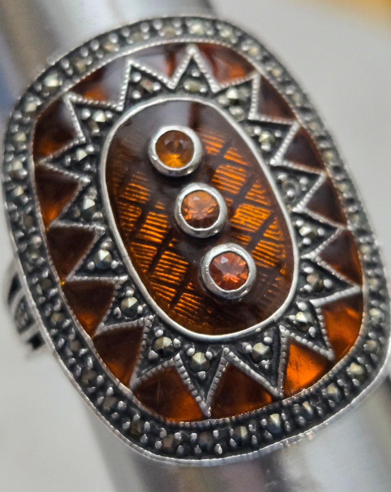 Vintage ART DECO Orange Enamel and Citrines, Marcasite and Pyrite Sterling Ring