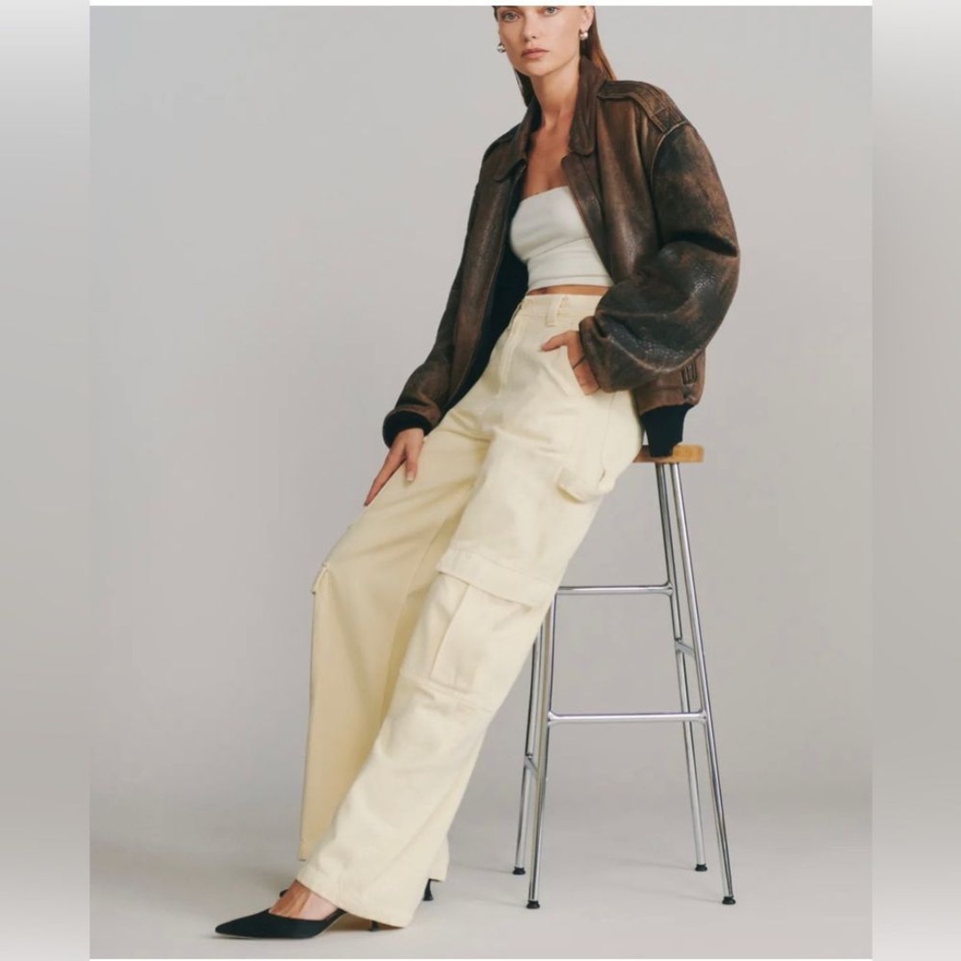 Reformation NWT Landy Wide Leg Cargo Jeans in Buttercream yellow size 28