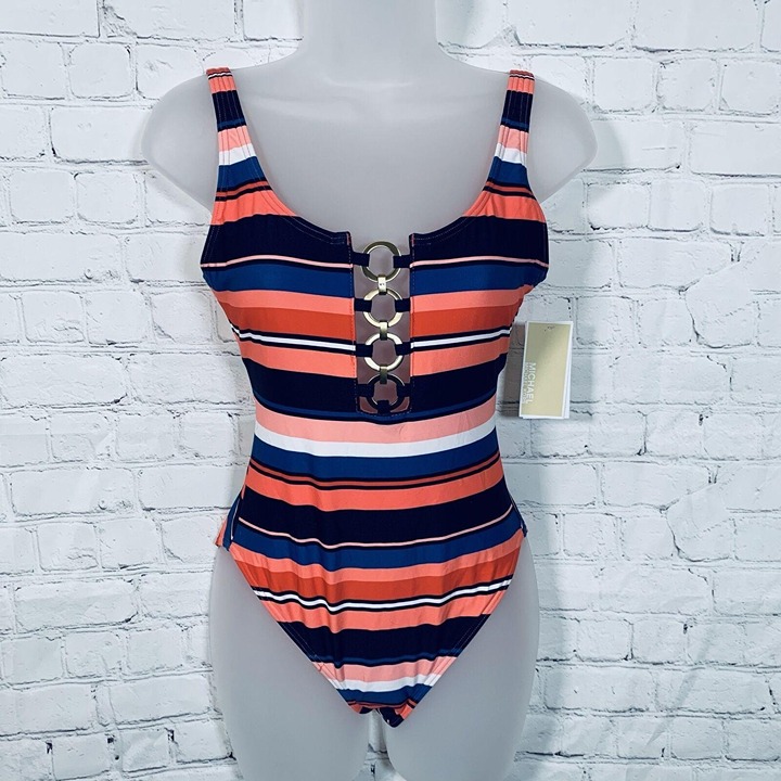 Michael Kors Size 4 Chain-Ring One-Piece Swimsuit Striped Persimmon Multi NWT