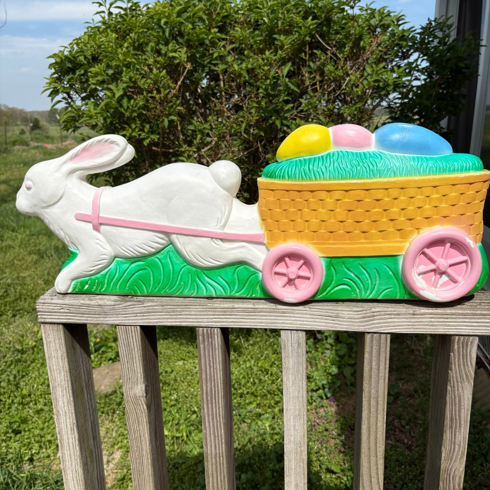 Vintage Union Easter Blow Mold Bunny Rabbit Pulling Egg Cart 1994