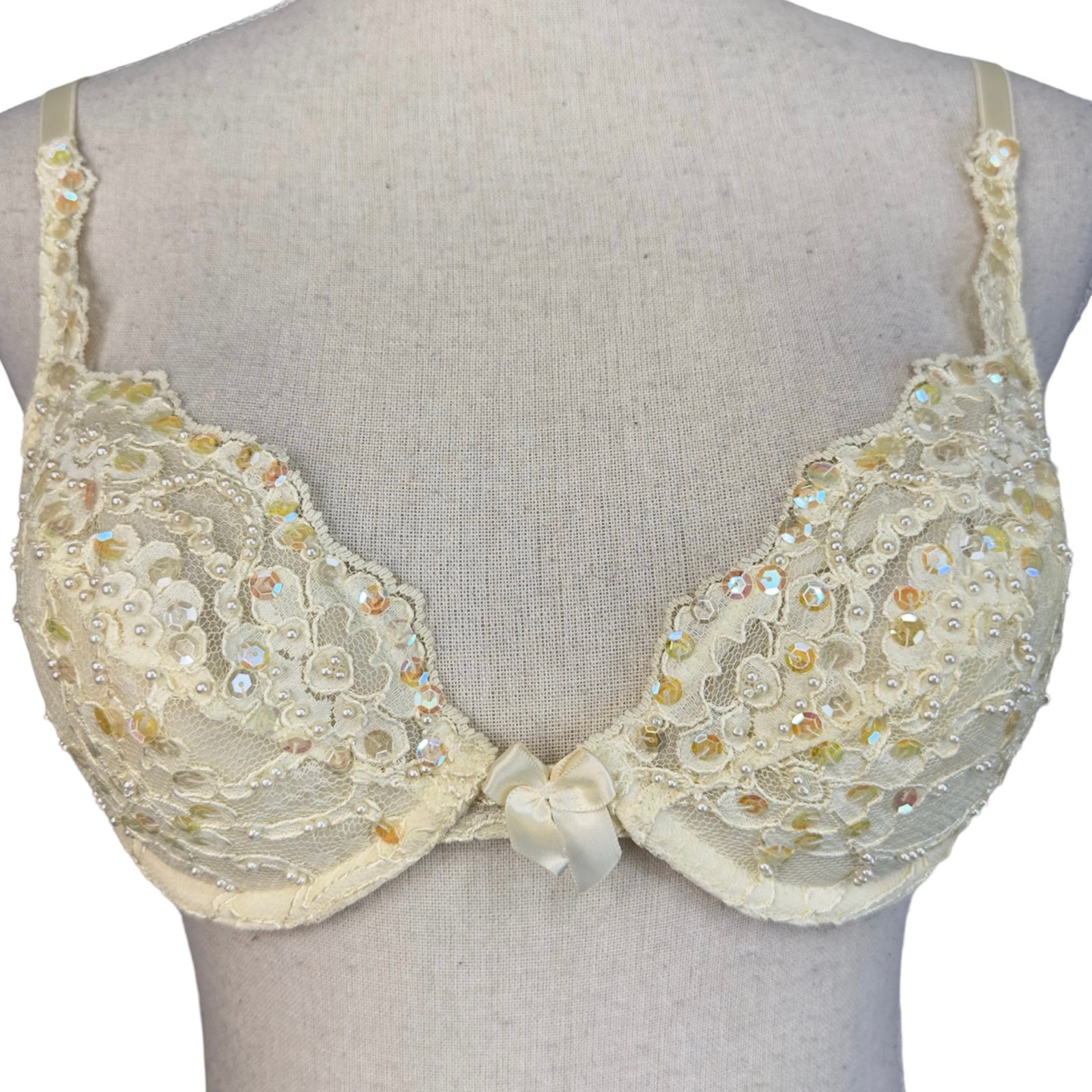 Vintage Victoria’s Secret Gold Label Sequin Pearl Bra Size 34B Wedding Bridal