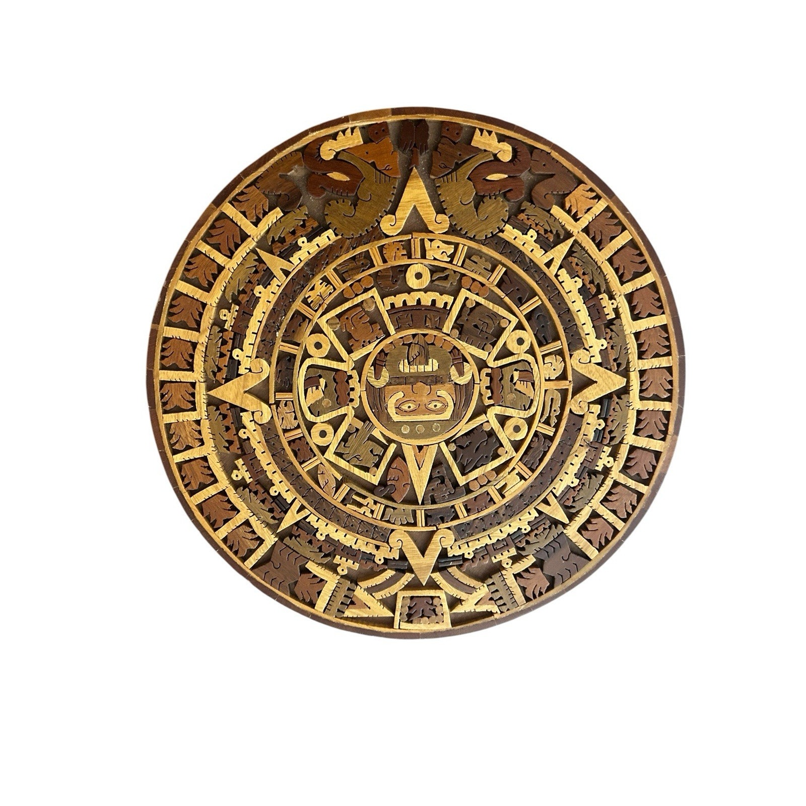 Cuauxhicalli Aztec Mosaic Calendar Mexico Hand Carved Inlay Vintage Wood Art