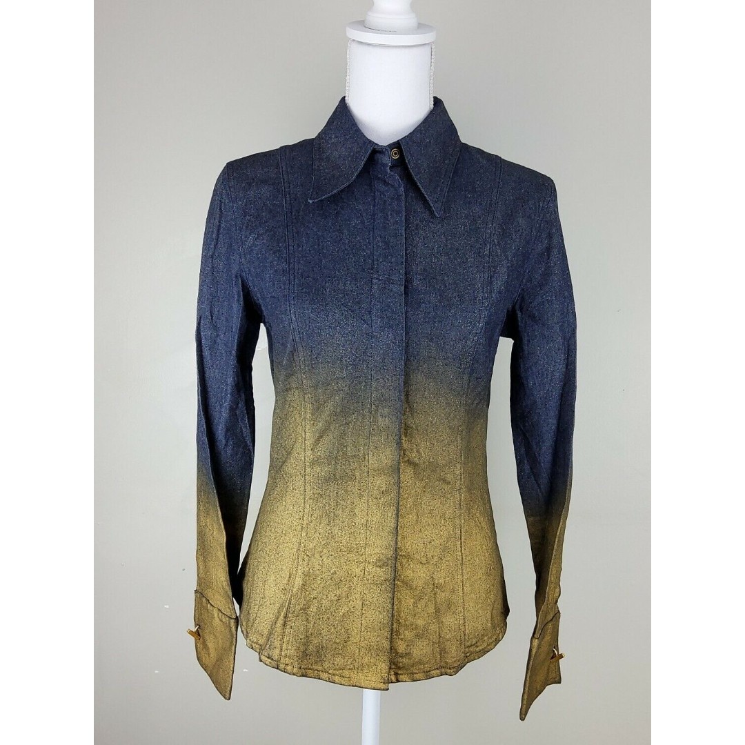 FENDI Vintage Denim Metallic Ombre Swinger Intl Snap Front Shirt Size 42 US 8