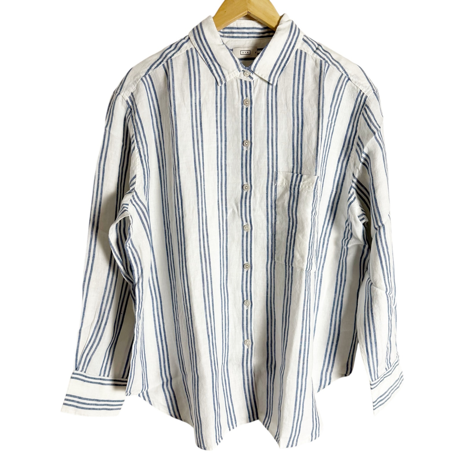 AYR The Deep End Oversized Linen White Blue Striped Button Down Shirt Women’s XL