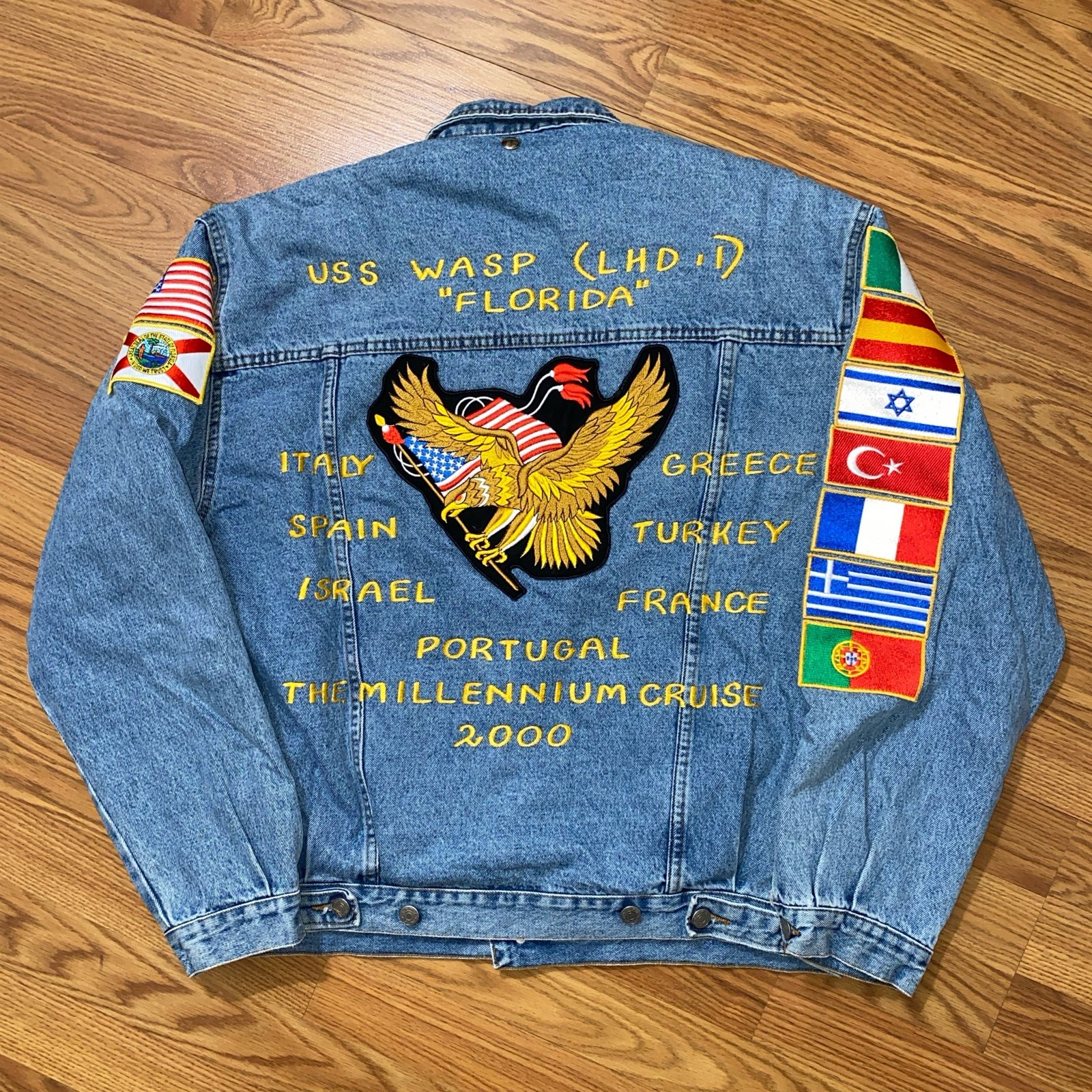 Vintage U.S. Military Souvenir War Tour Florida Y2K Denim Jacket Size L Patches
