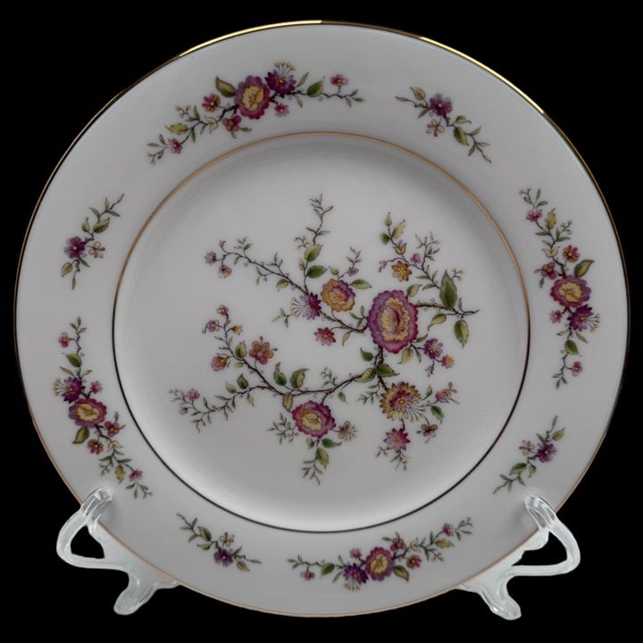 Noritake Ivory China 7151 Asian Song SALAD Plates 8 3/8 in Gold Trim Pink Floral