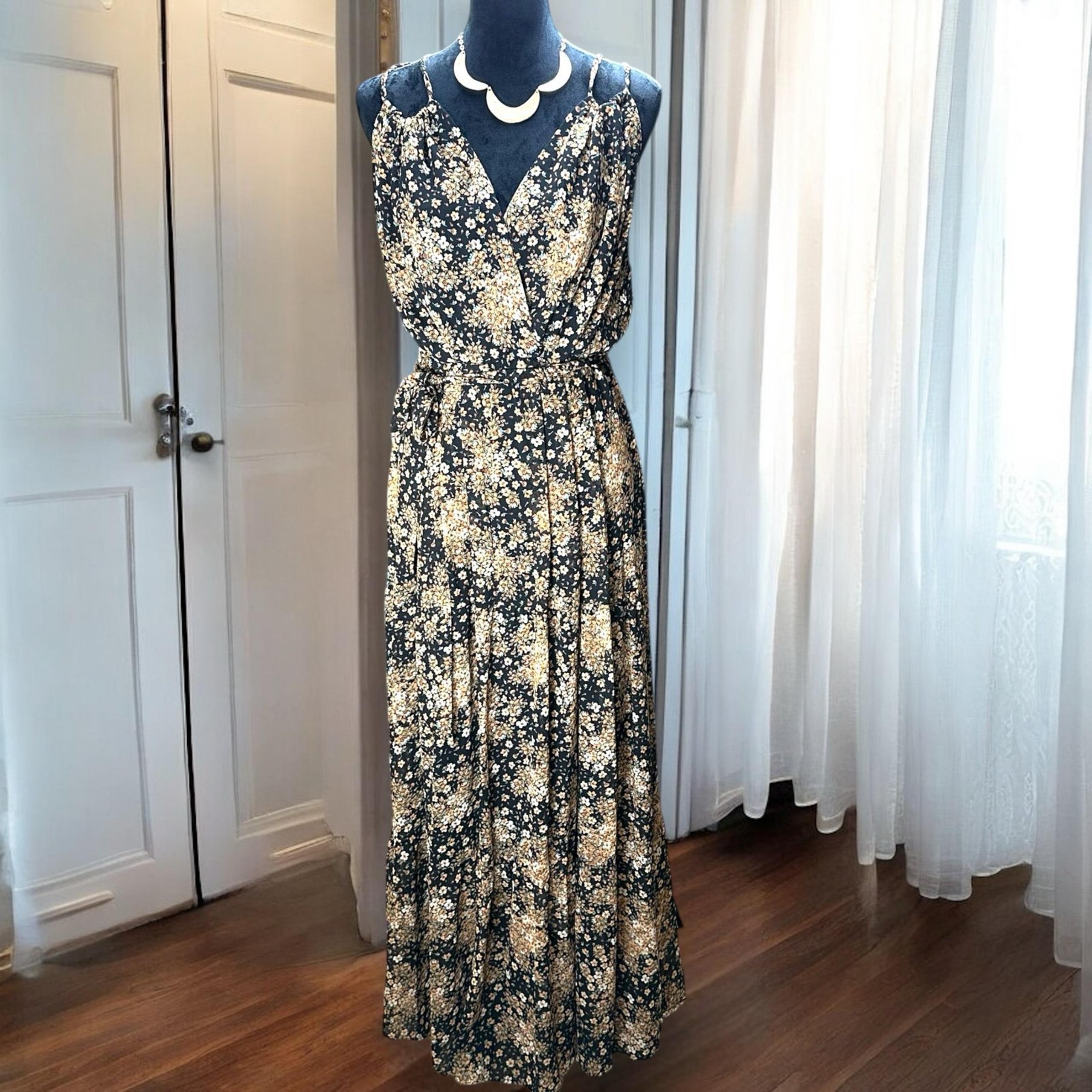 Rebecca B. Floral Maxi Dress Size 10 Black Tan Cottagecore Boho Tiered Ruffle