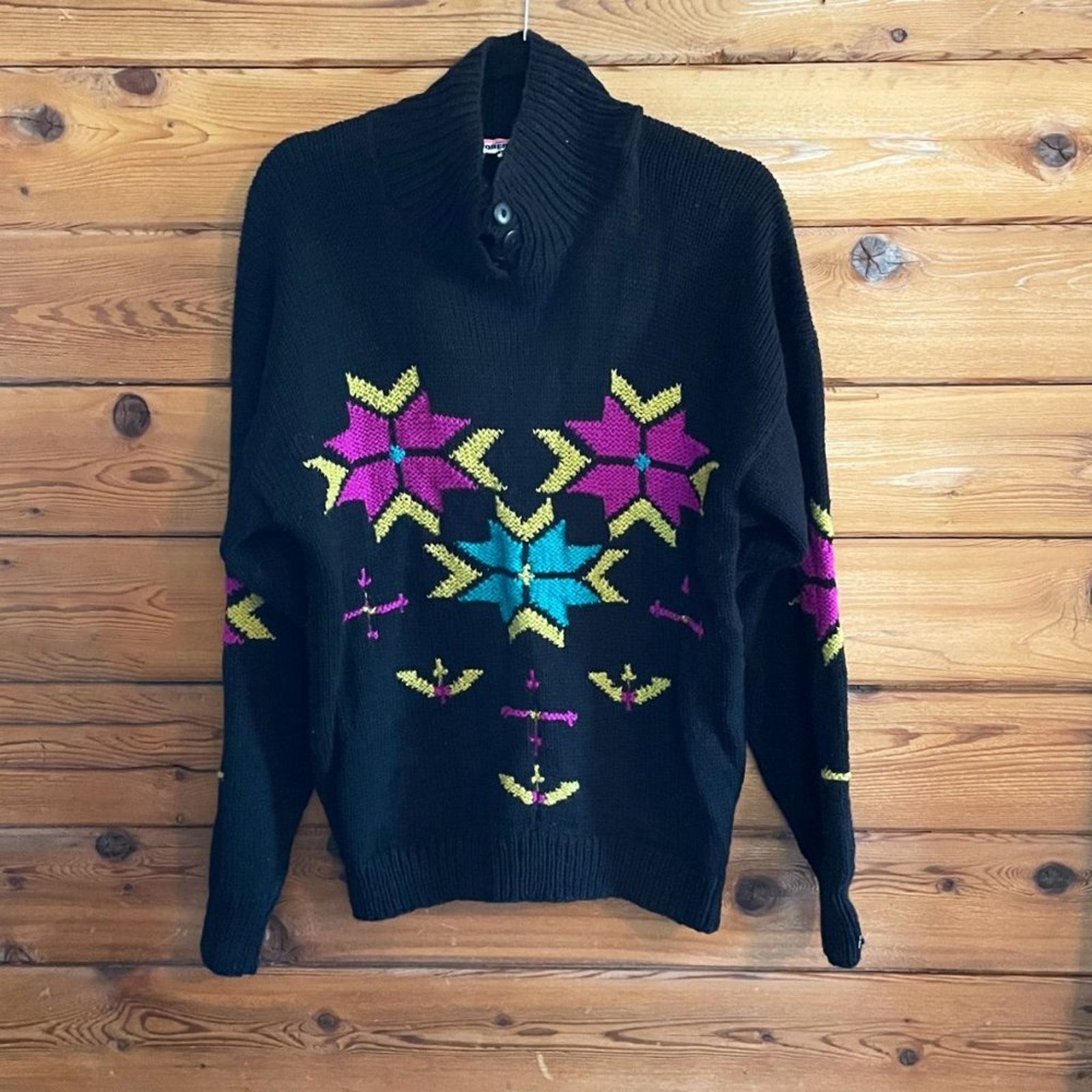 Vintage Obermeyer Bright Colorful Snowflake Wool Mock Neck Ski Sweater L