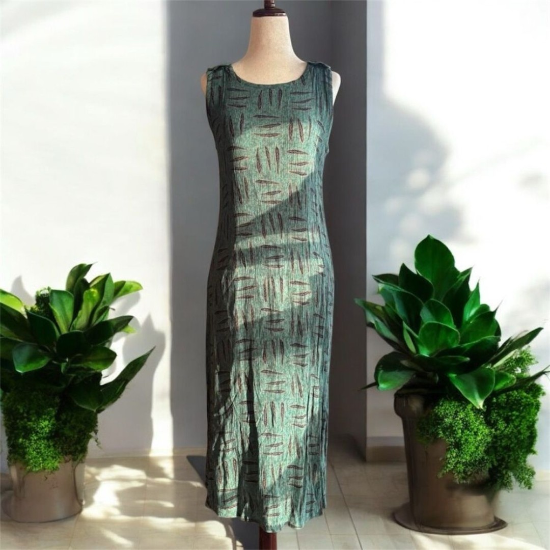 Sag Harbor Vintage Green Sheath Midi Dress Crew Neck Sleeveless