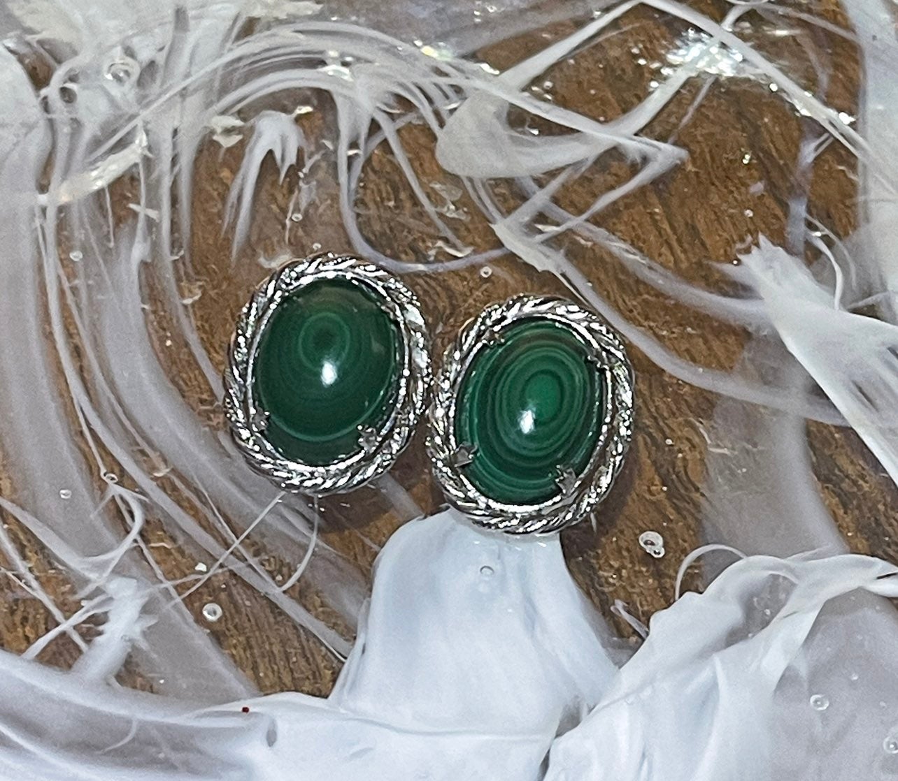 Timeless Vintage Malachite and Sterling Silver Clip on Earrings