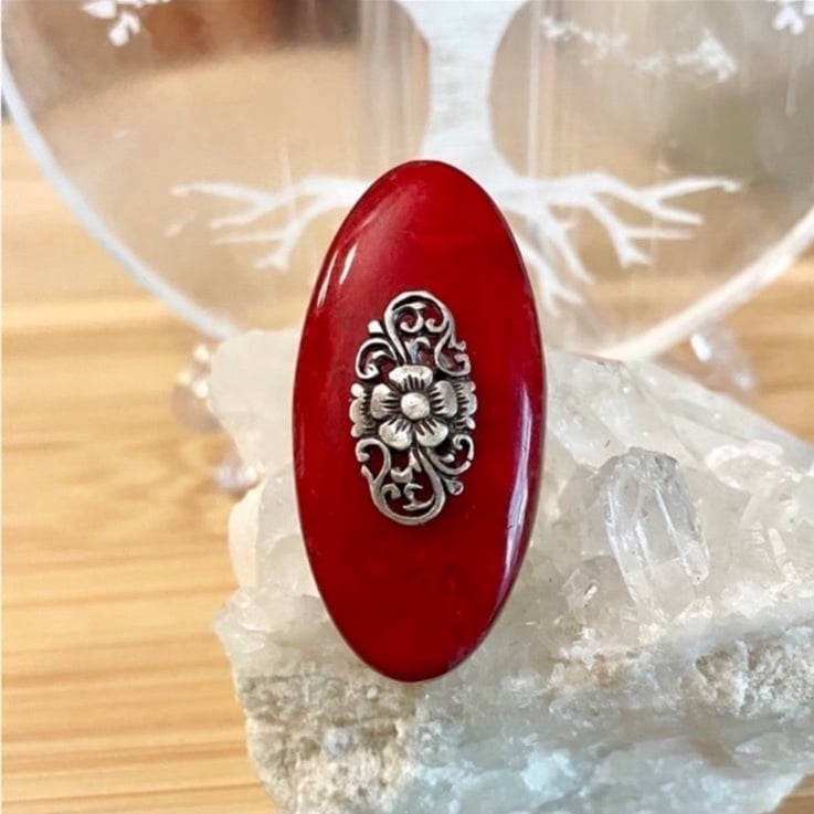 Vintage Red Coral Floral Engraved Sterling Silver Ring 925 Size 7