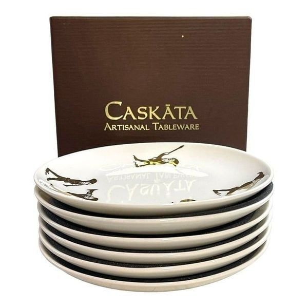 Caskata Set of 6 -6 1/4 Christmas Appetizer Snack Plates Gold Elves Instruments