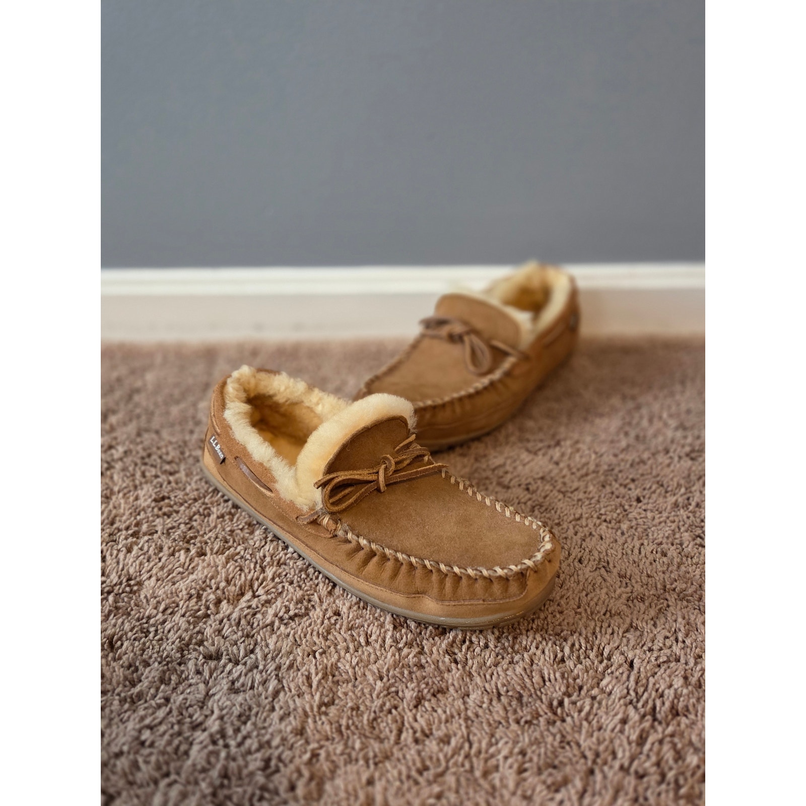 LL Bean wicked good moccasins fur shearling lined slippers tan suede mens 11