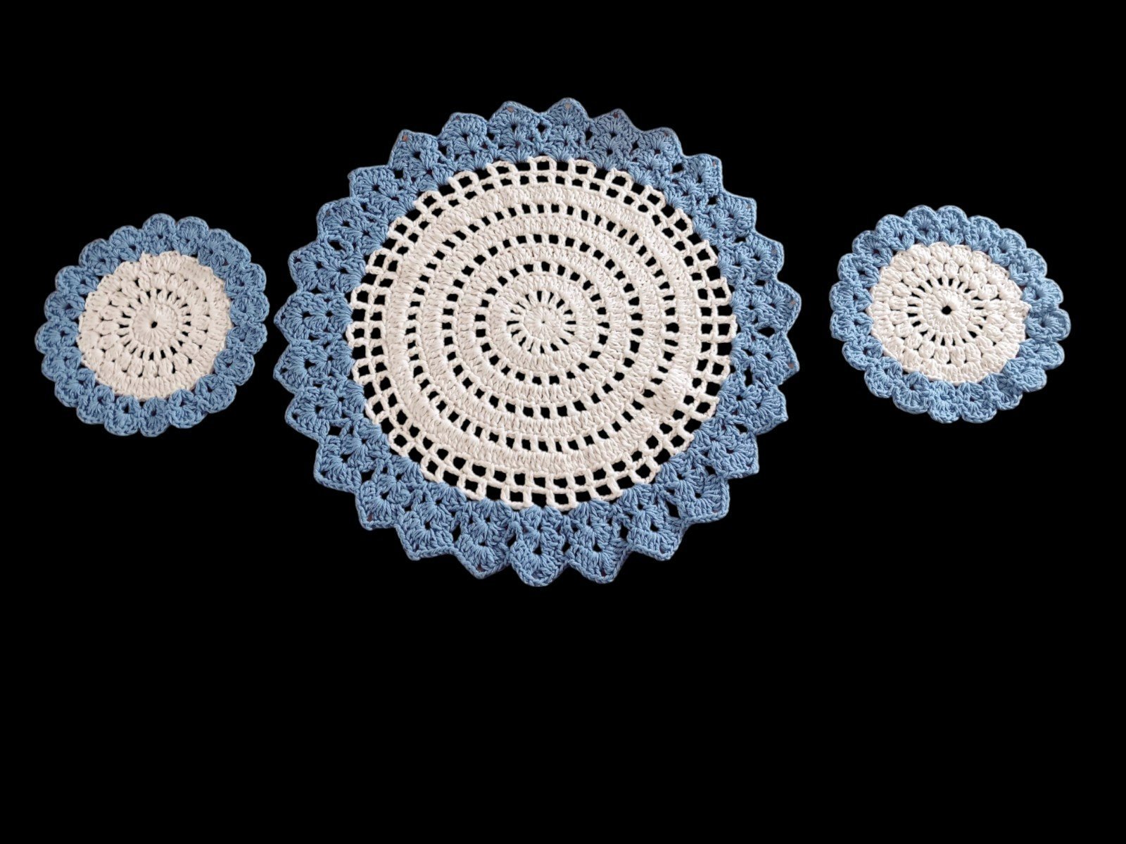 3 Piece Handmade Blue and White Round Doilies Set