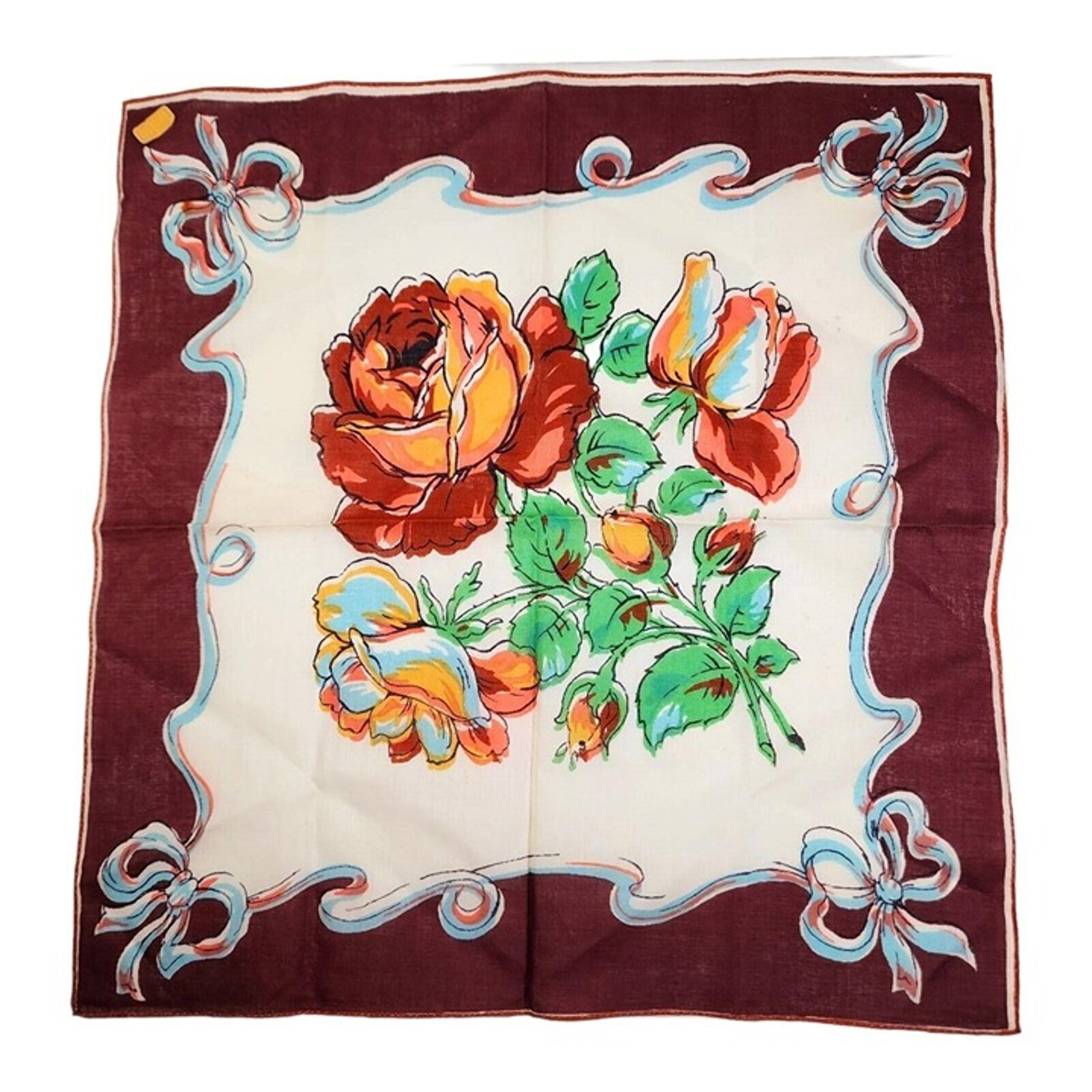 Vintage Kimball Womens Scarf Handkerchief Rose Flower Floral Brown Green 15x15