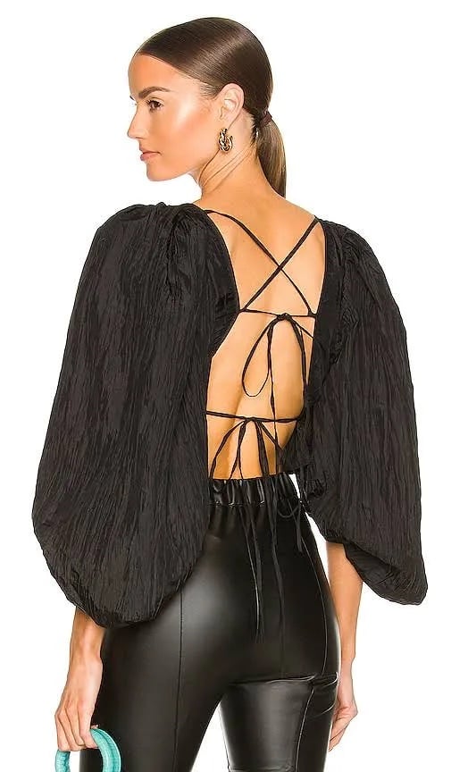 LPA Revolve NEW Women's Bellini Top Open Back Balloon Sleeve Black M NWT 178