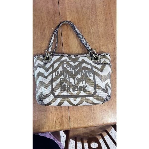 COACH GOLD IVORY ZEBRA RAFFIA STRAW TOTE SHOULDER BAG LIMITED EDITION