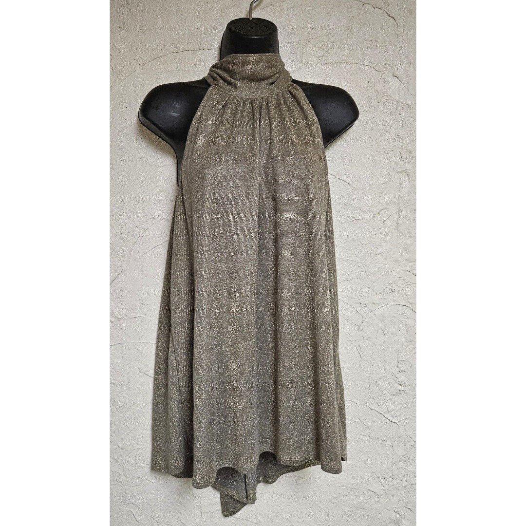 HALSTON HERITAGE Backless Halter Top Antique Gold Shimmer LG Holiday Party