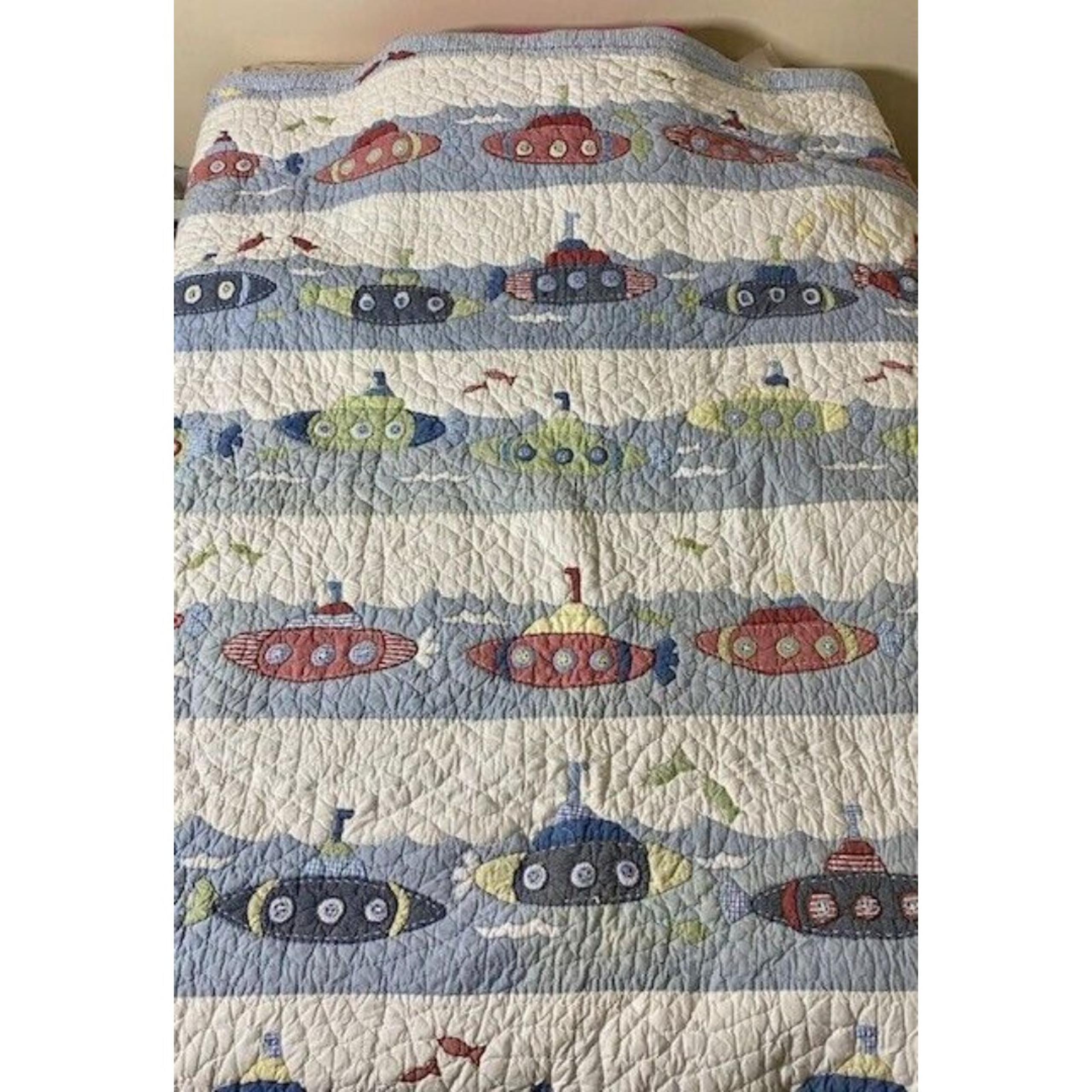 Vtg Pottery Barn Kids Submarine Gingham Blue Quilt 68” x 86” Full Nautical Boat