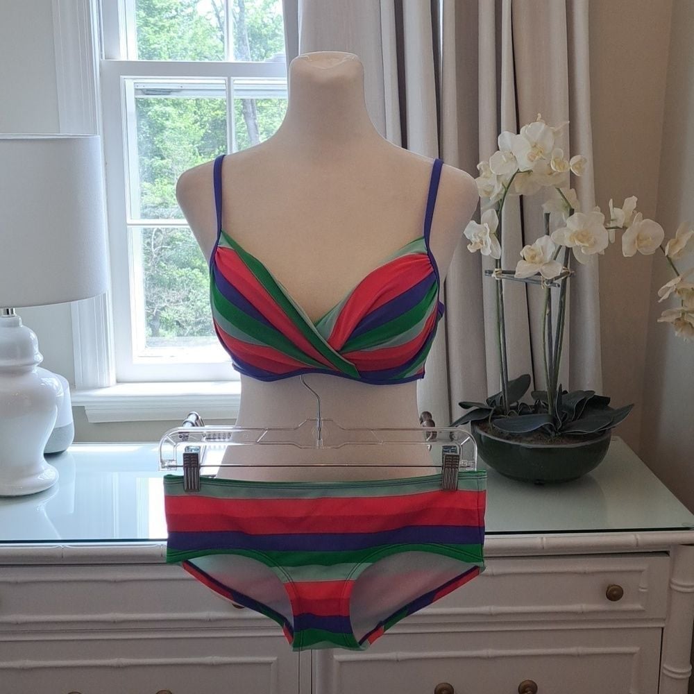 Boden Womens Bikini Pink/ Green/Blue Stripe Padded Top/Hipster Bottom Size 36A/6