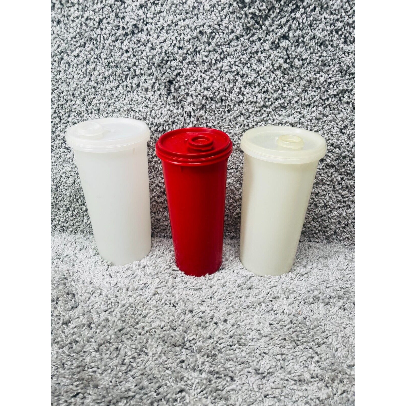 Vintage Tupperware White Red Cream Set Of 3 Pitcher Carafe With Snap On Lid