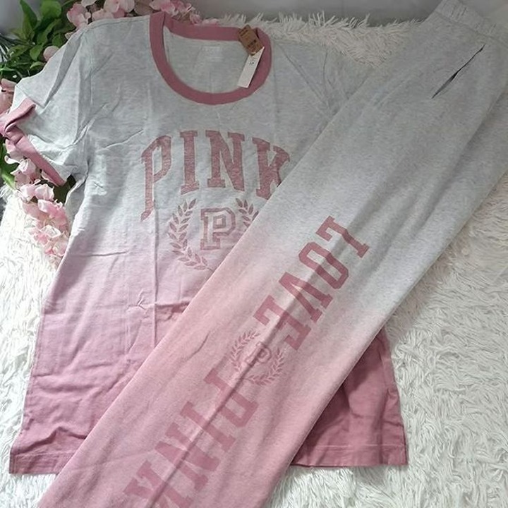 NEW (L) VS PINK Heritage Boyfriend Fleece Pant & Tee in Heather gray pink ombre