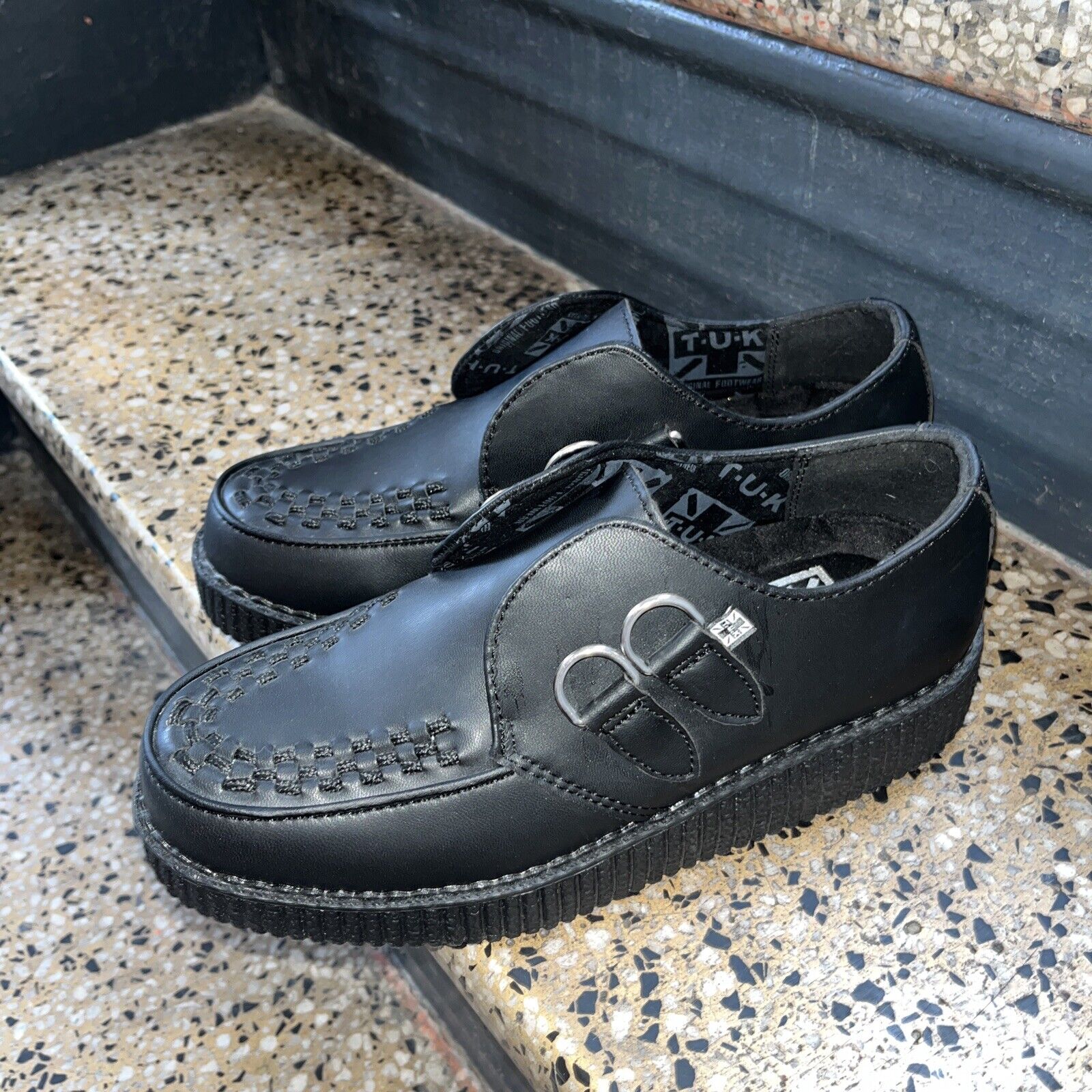 T.U.K. Black Viva Low Creeper Unisex Women 8 Men 6 Missing Laces EUC